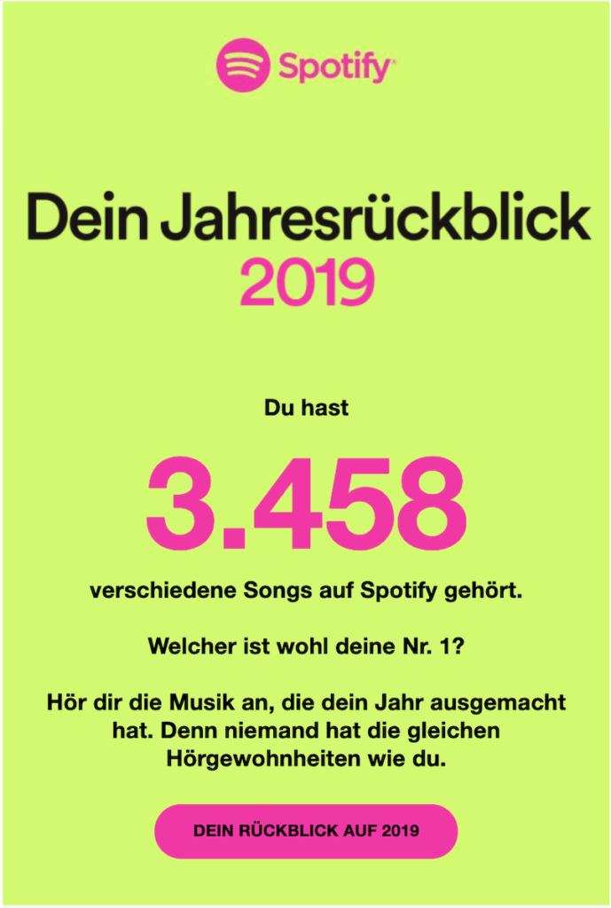 Überblick aus meiner Benachrichtigungsmail zum Spotify Jahresrückblick 2019